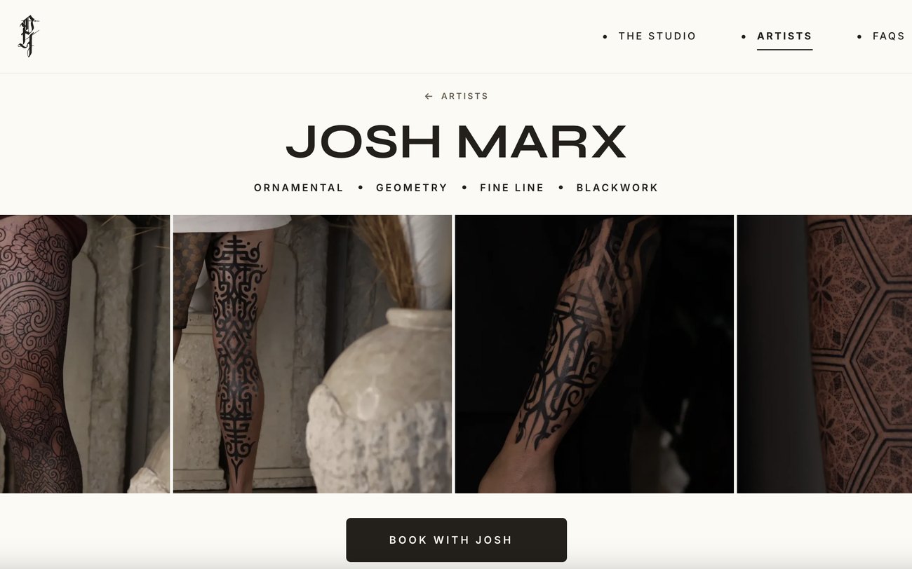 Artist profile and booking page for Josh Marx at Prana Tattoo