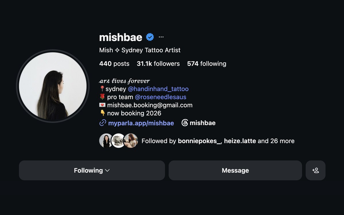 Mish’s Instagram bio linking to her Parla enquiry form at myparla.app/mishbae