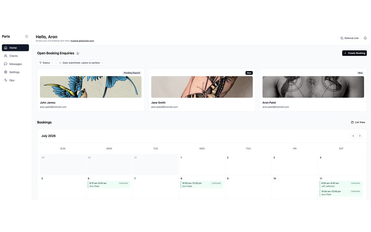 The Parla booking dashboard with open enquiries and the bookings calendar