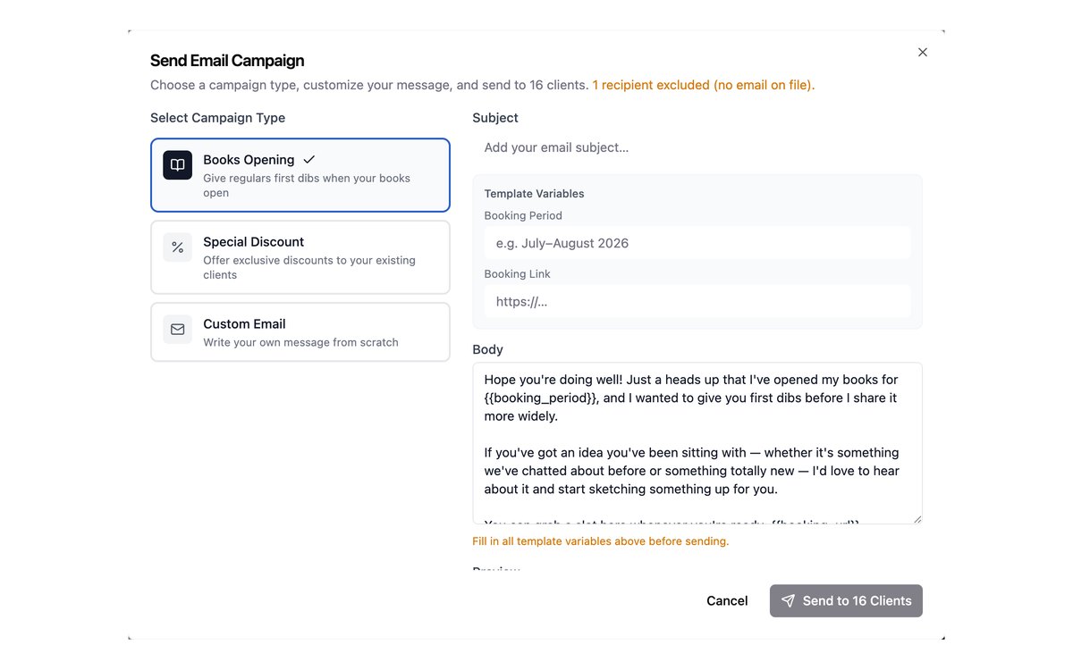 Parla email campaign composer for re-engaging past clients